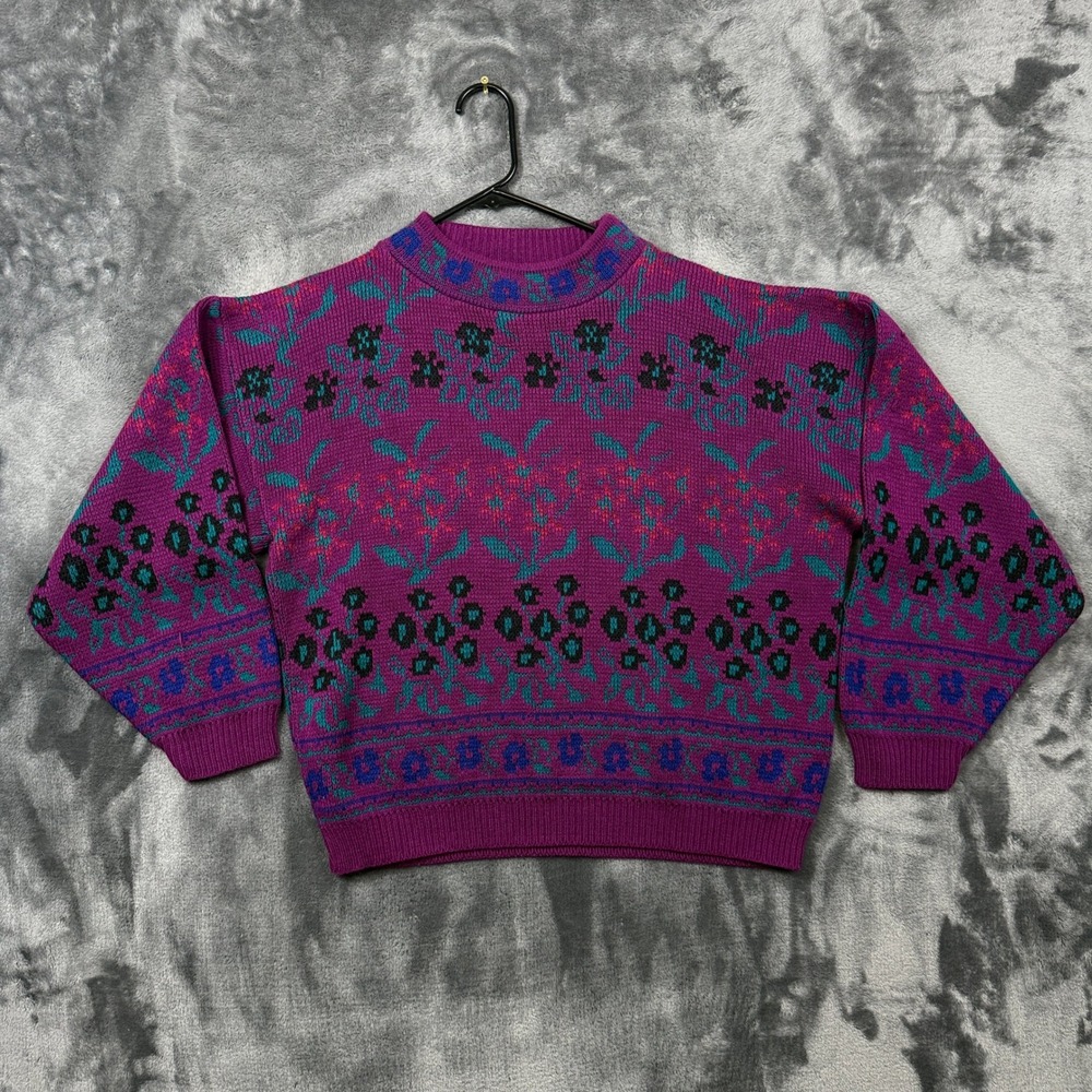 Nichelle Sweater Womens Large Purple Excellent Vintage Floral Knit Pullover